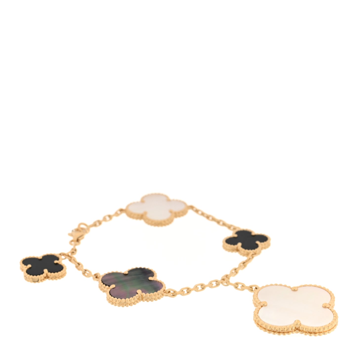 18K Yellow Gold Grey Mother of Pearl Black Onyx 5 Motifs Magic Alhambra Bracelet