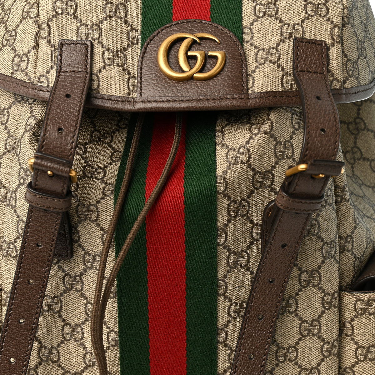 GG Supreme Monogram Medium Ophidia Double Buckle Backpack Brown