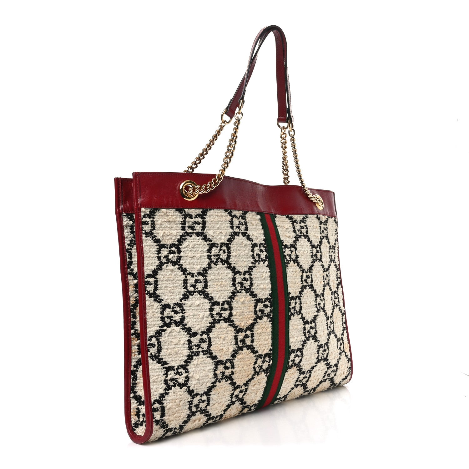 Gucci Tweed GG Monogram Large Rajah Chain Tote White Black Romantic Cherry 3 of 12