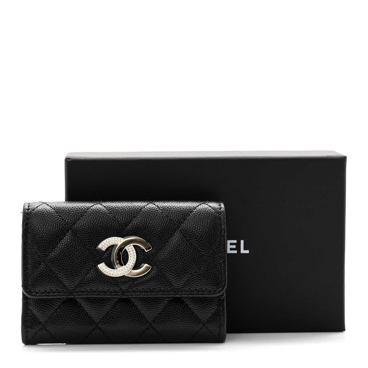 Caviar Quilted Crystal CC Flap Card Holder Black