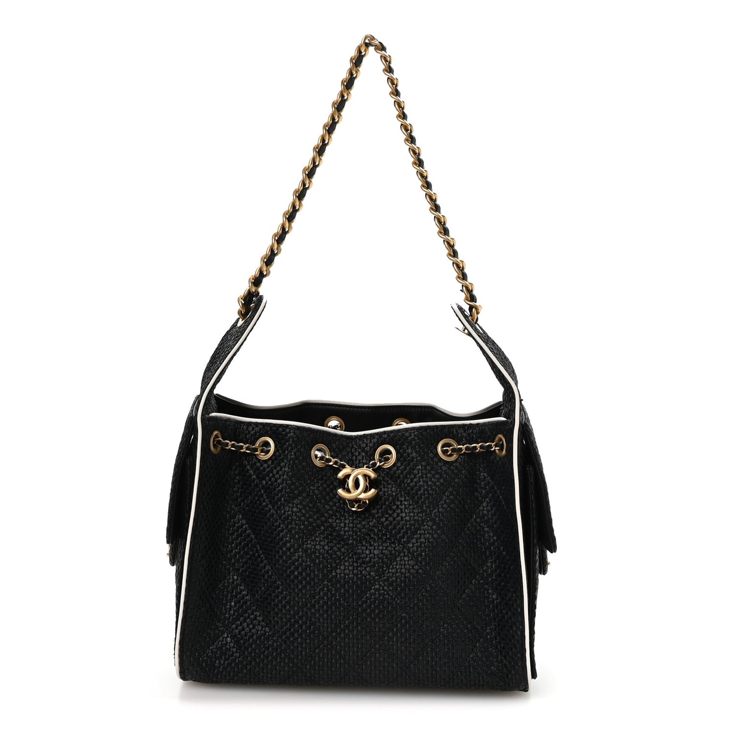 Braided Raffia Calfskin Small Chanel 25 Handbag Black White