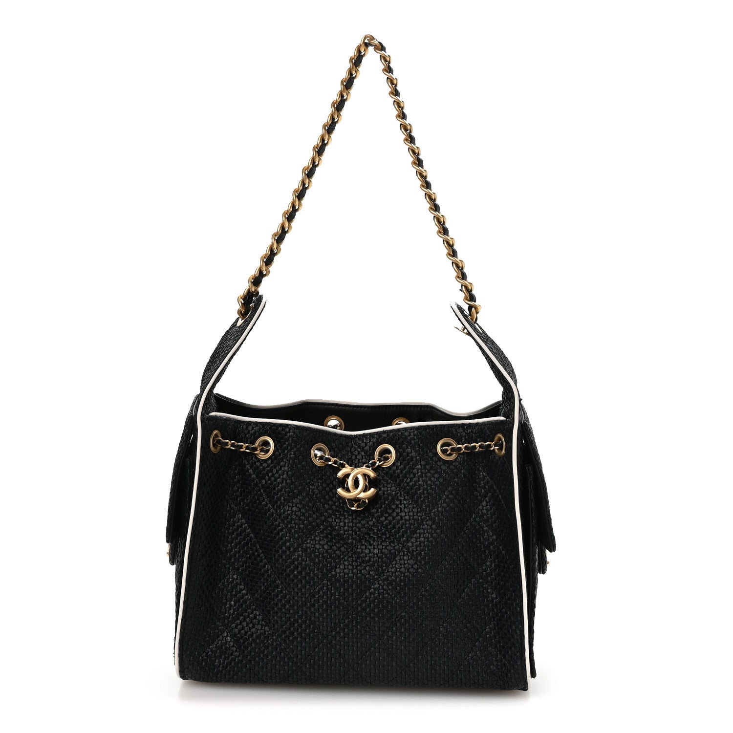 Chanel Braided Raffia Calfskin Small Chanel 25 Handbag Black White 1 of 11