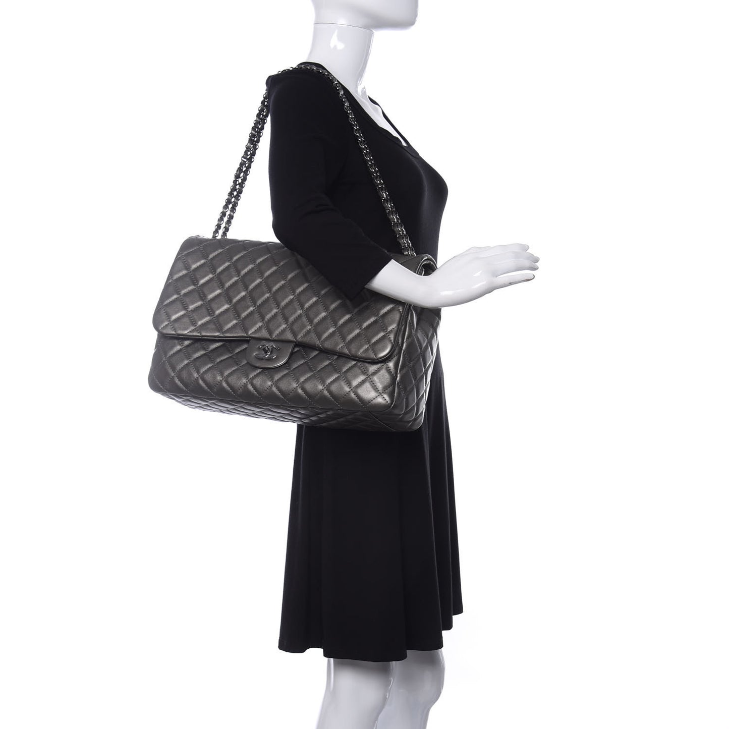 Metallic Calfskin Quilted Small XXL Travel Flap Bag Dark Silver