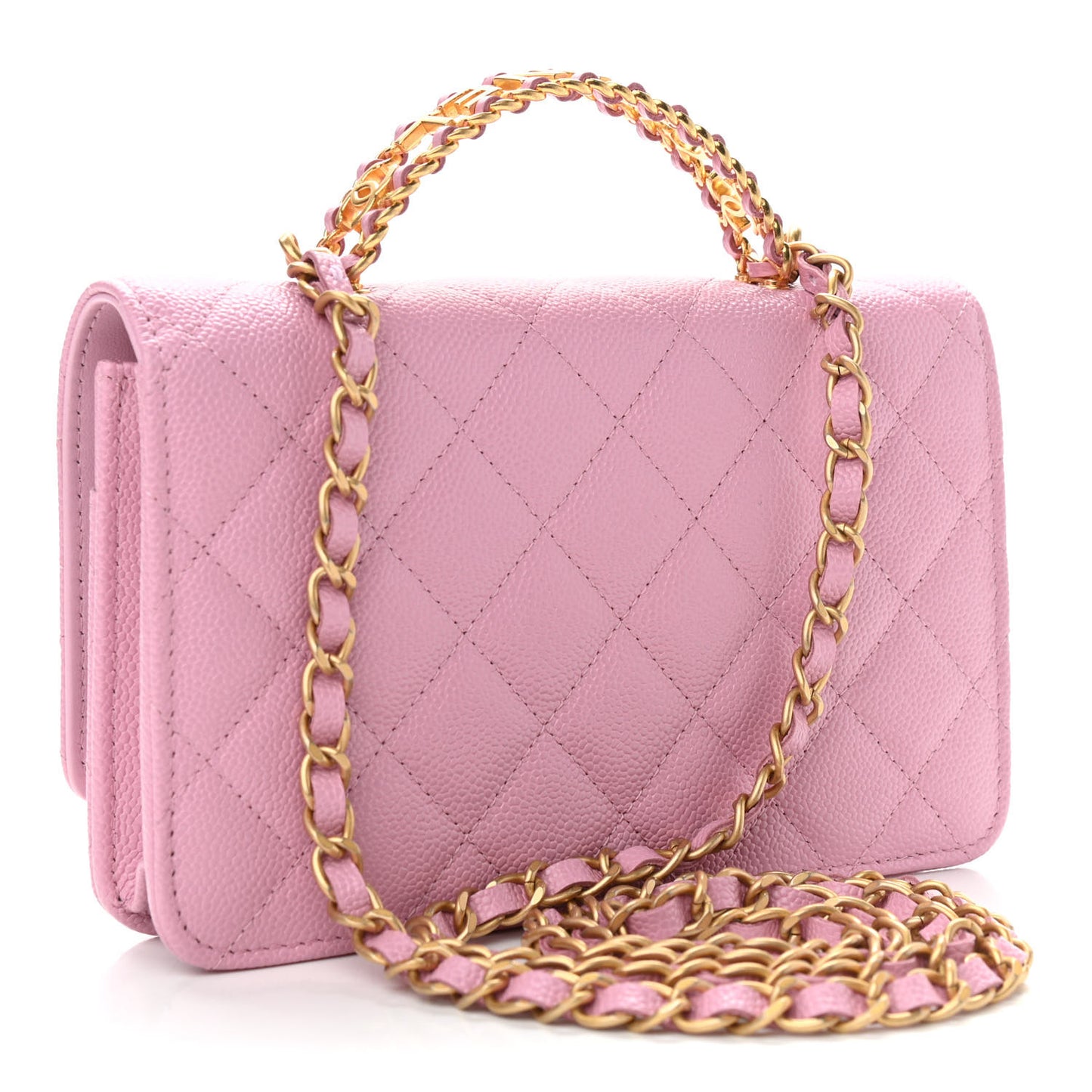 Shiny Caviar Quilted Pick Me Up Wallet On Chain WOC Pink