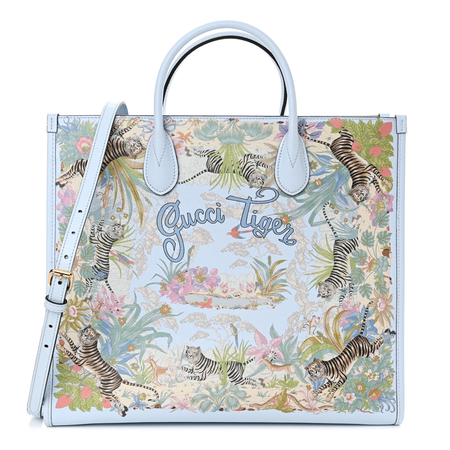 New Shangai Calfskin Tiger Savanah Textured Calfskin Medium Tote Light Blue Multicolor