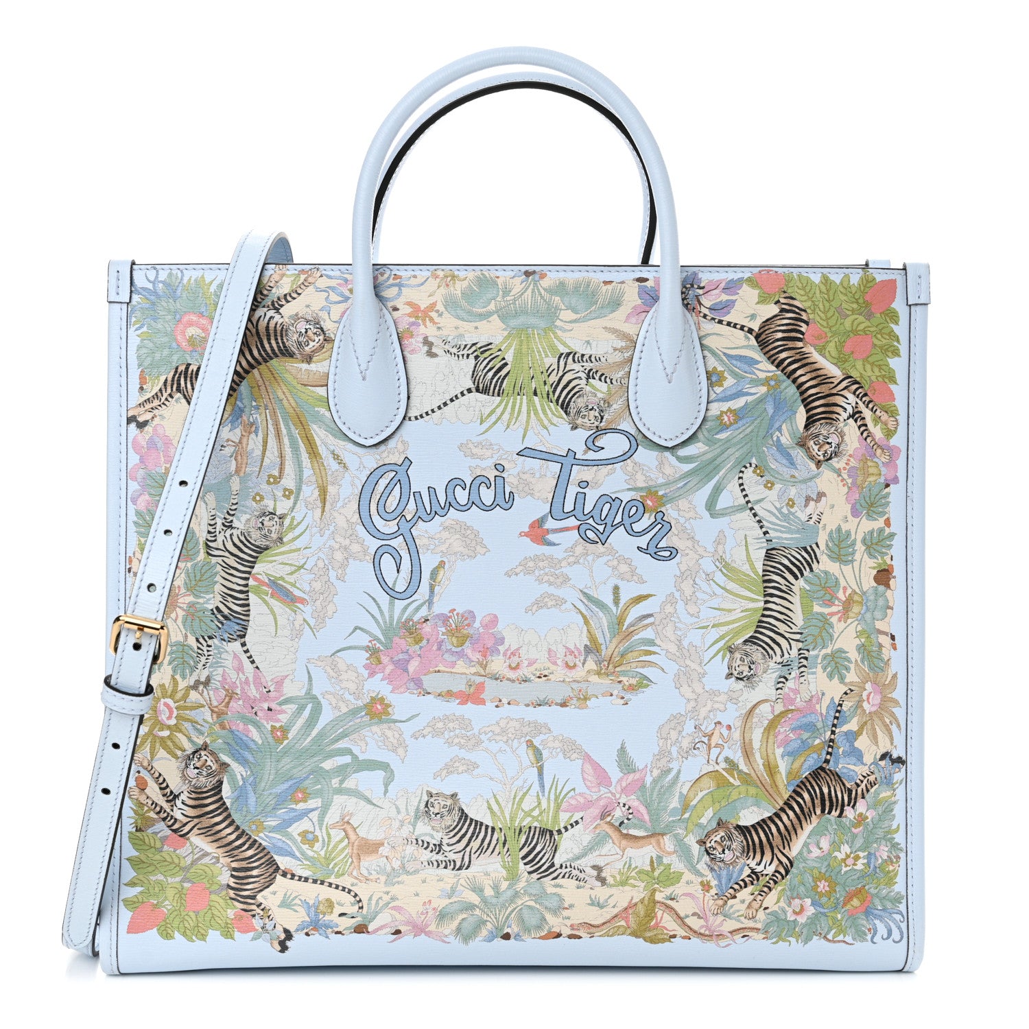 Gucci New Shangai Calfskin Tiger Savanah Textured Calfskin Medium Tote Light Blue Multicolor 1 of 16