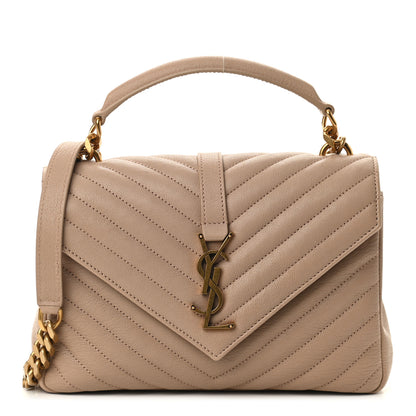 Saint Laurent Sheepskin Matelasse Chevron Monogram Medium College Bag Dark Beige 1 of 9