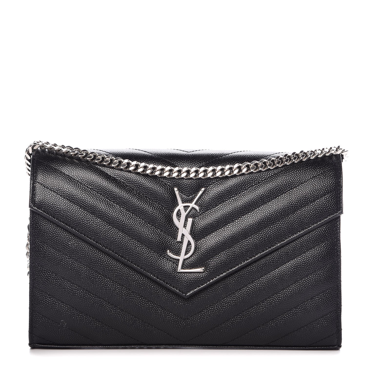 Saint Laurent Grain De Poudre Matelasse Chevron Medium Monogram Chain Wallet Black 1 of 12