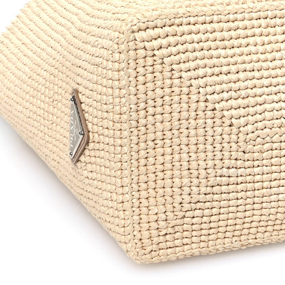 Prada Yarn Raffia Effect Crochet Vitello Logo Shopping Tote Naturale White 8 of 9