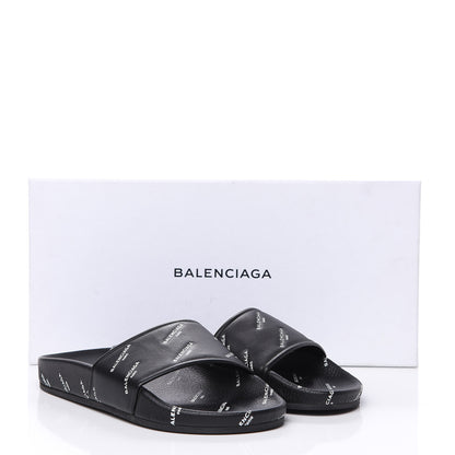 Balenciaga Nappa Allover Logo Embossed Womens Pool Slide Sandals 35 Black White 9 of 9