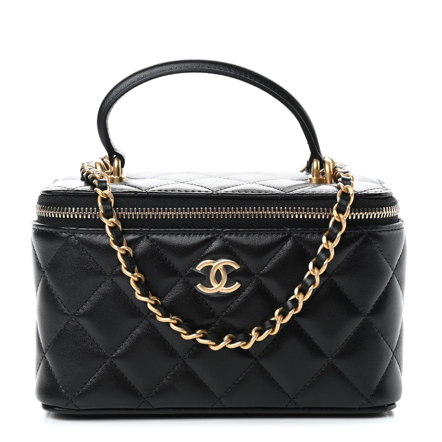 Lambskin Quilted Small Top Handle Vanity Case With Chain Black