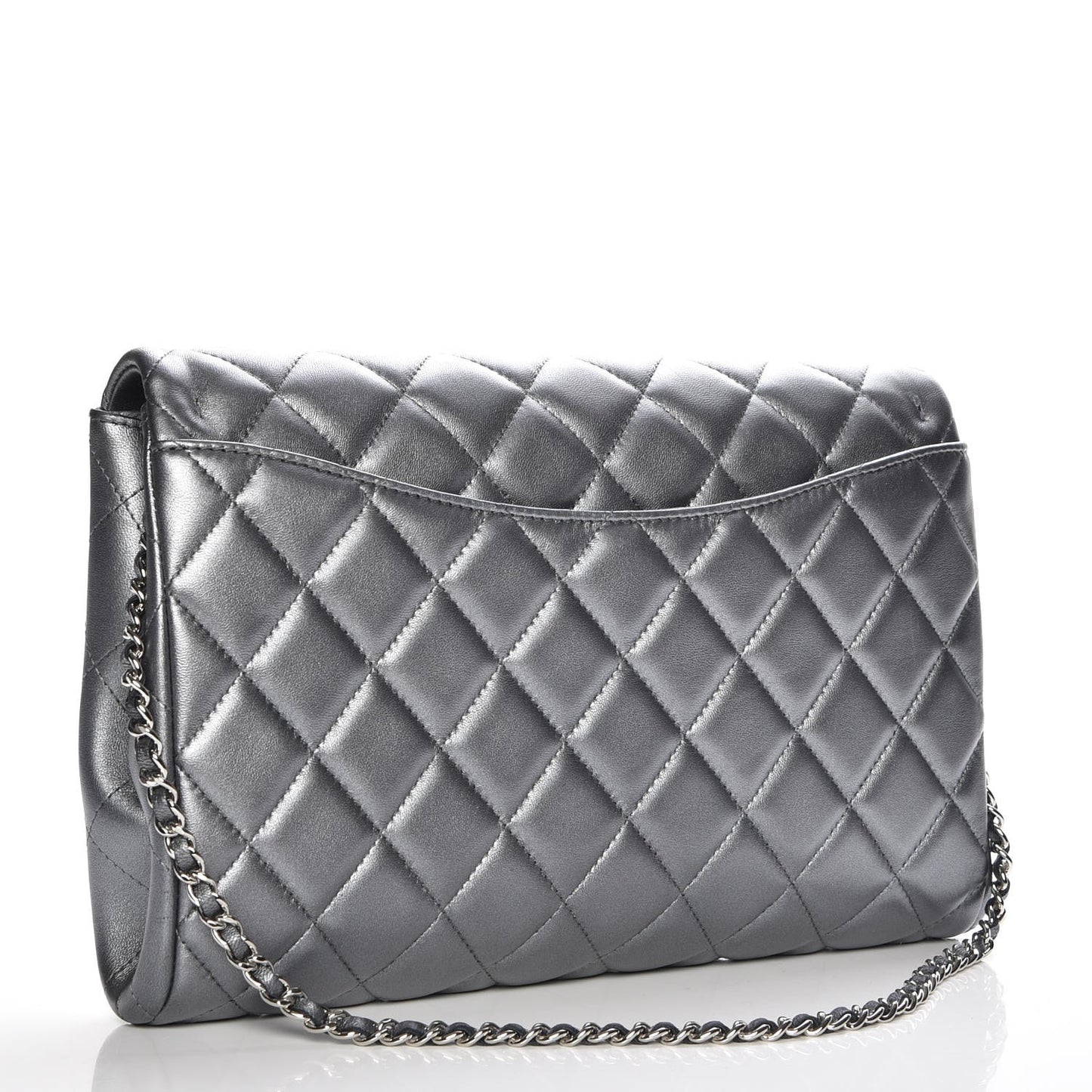 Metallic Lambskin Quilted Clutch With Chain Flap Dark Grey