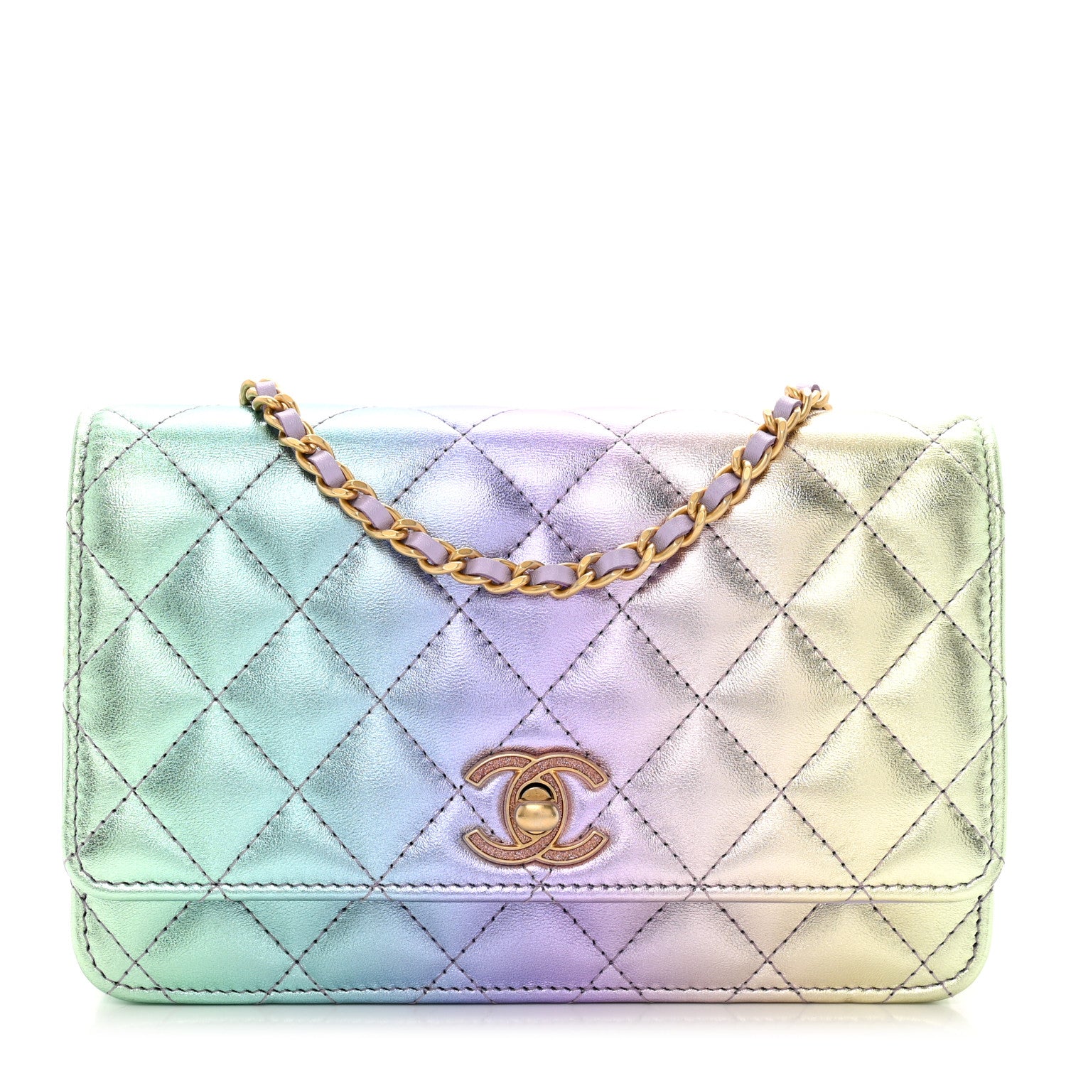 Chanel Iridescent Lambskin Quilted Glitter CC Roller Skate Wallet On Chain WOC Multicolor 1 of 11