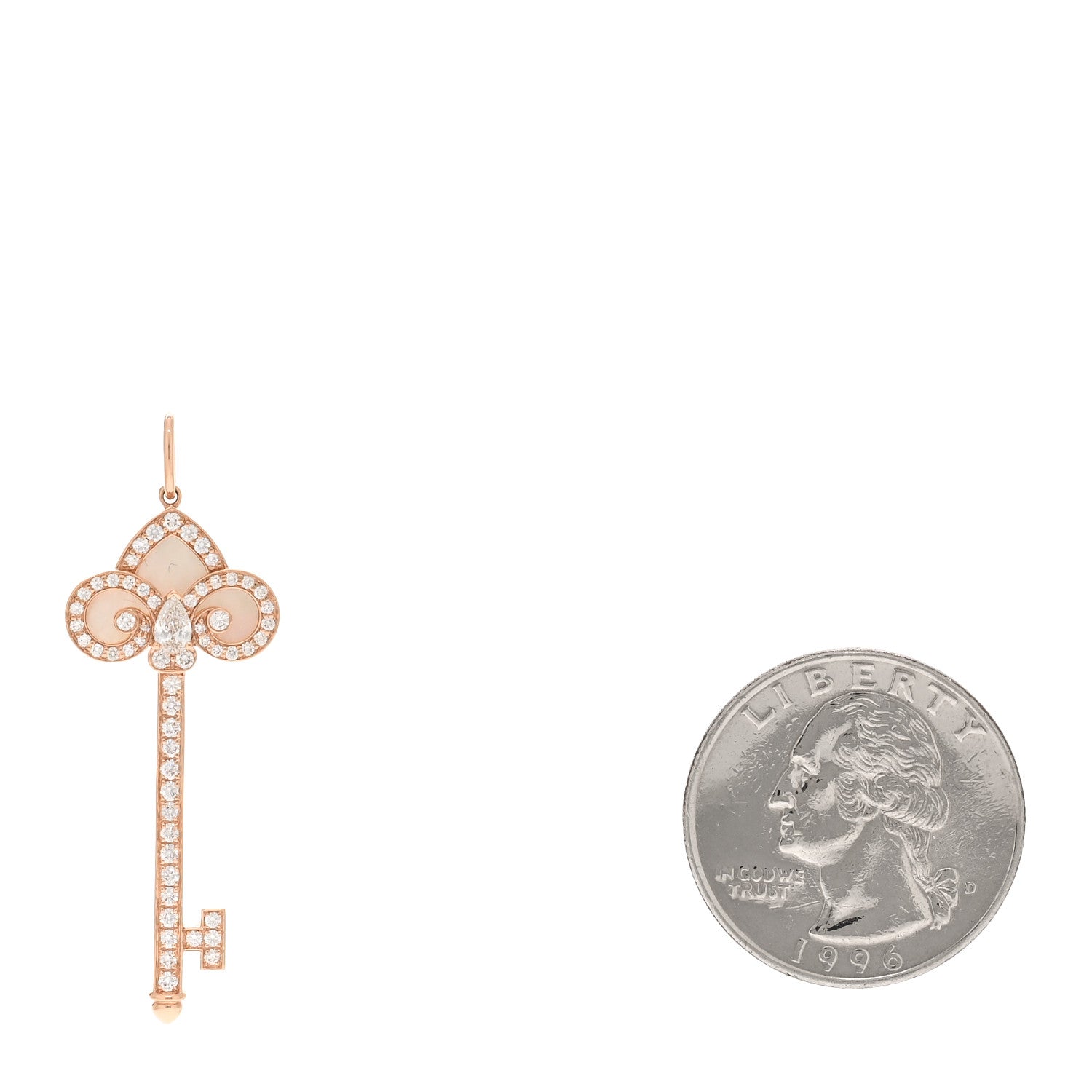 Tiffany 18K Rose Gold Diamond Mother of Pearl Fleur De Lis Key Pendant 2 of 5