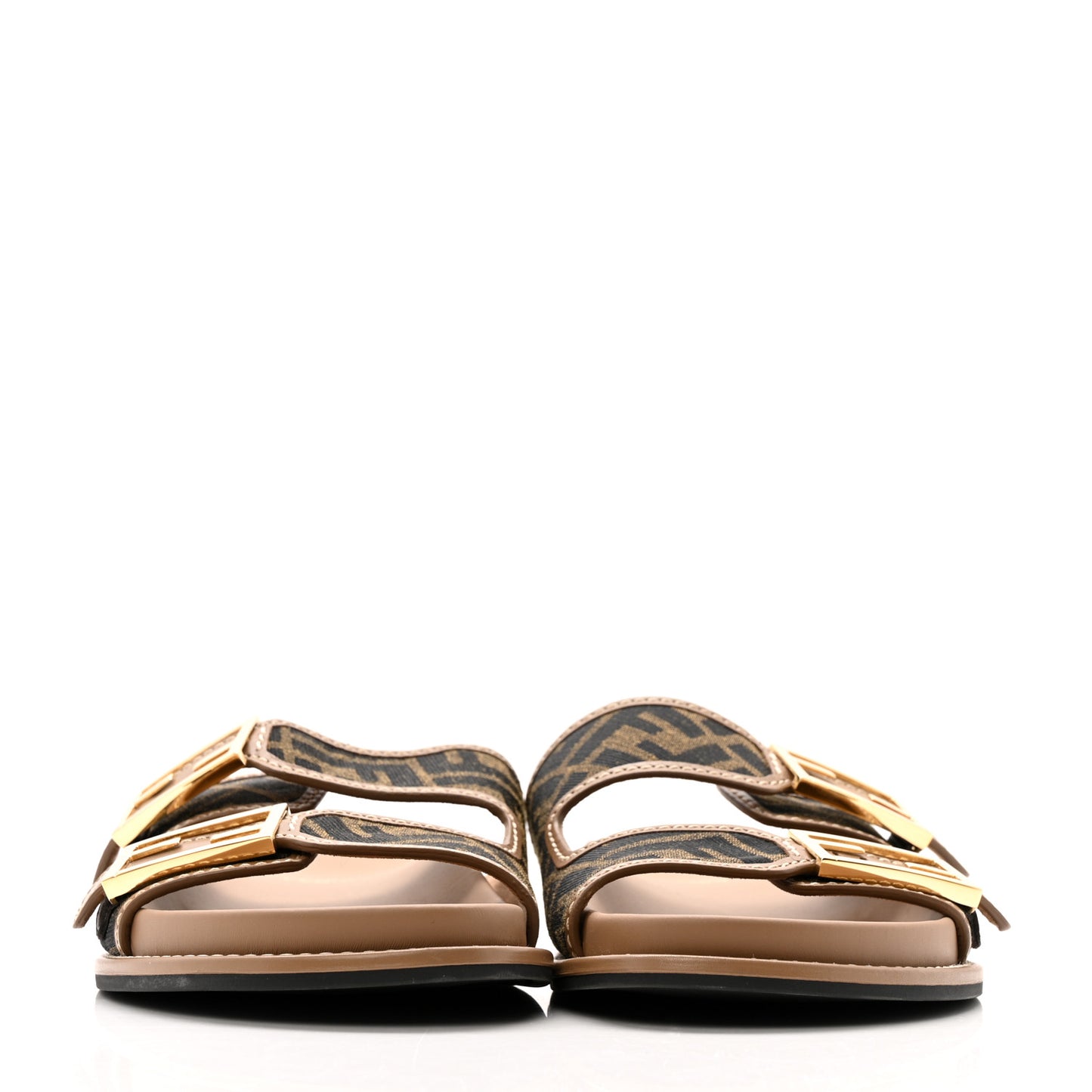 Fabric Jacquard Nappa FF Womens Fendi Feel Buckled Slide Sandals 40 Tobacco Black Miele Scuro