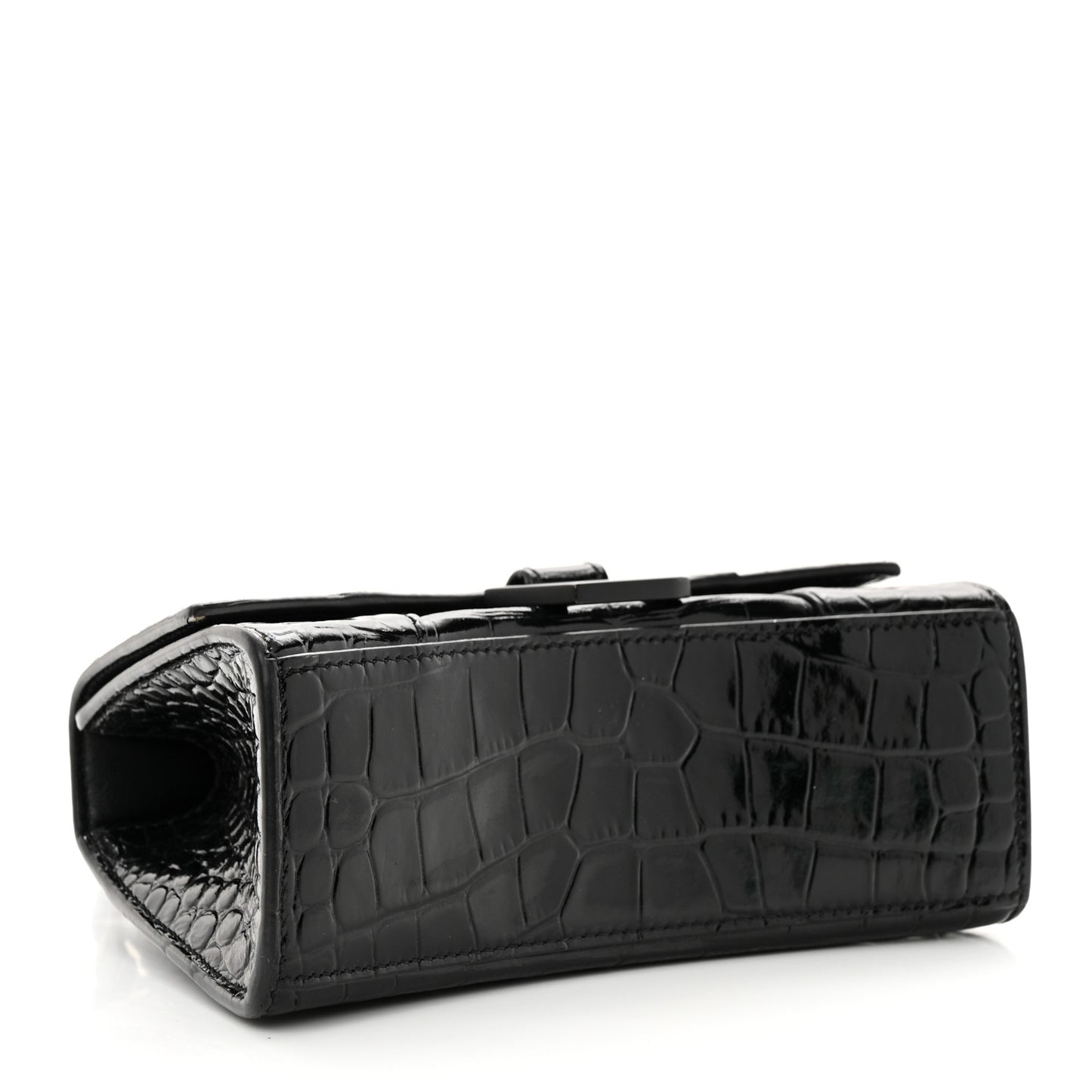 Shiny Calfskin Monochrome Crocodile Embossed Hourglass Top Handle Bag XS Black