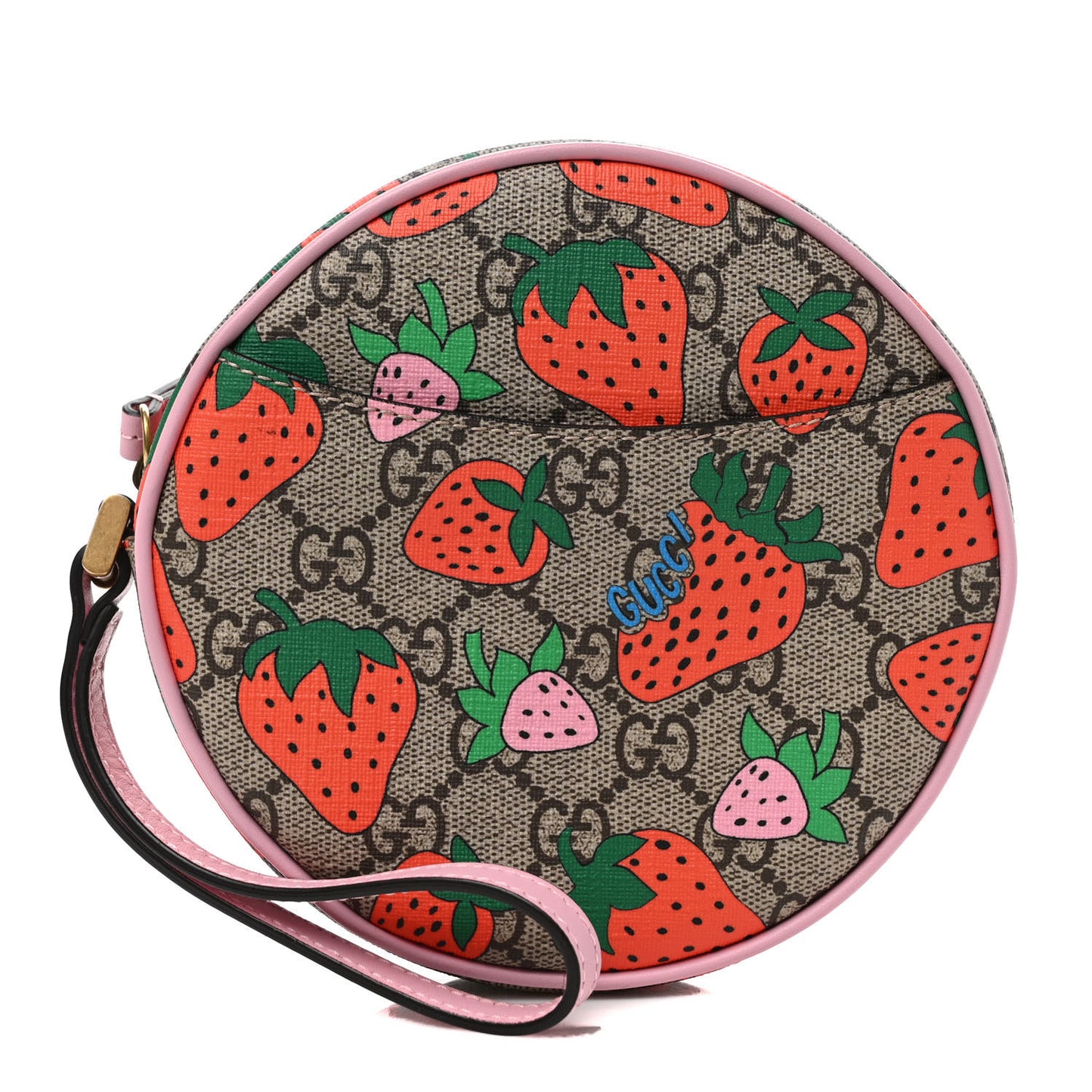 GG Supreme Monogram Strawberry Round Wrist Wallet