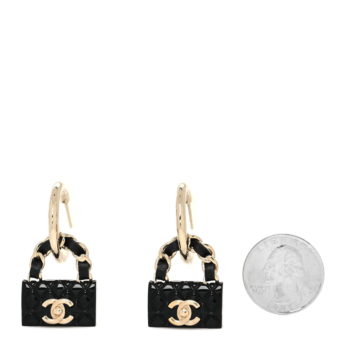 Metal Resin Lambskin Quilted CC Turnlock Chain Bag Hoop Earrings Black Gold