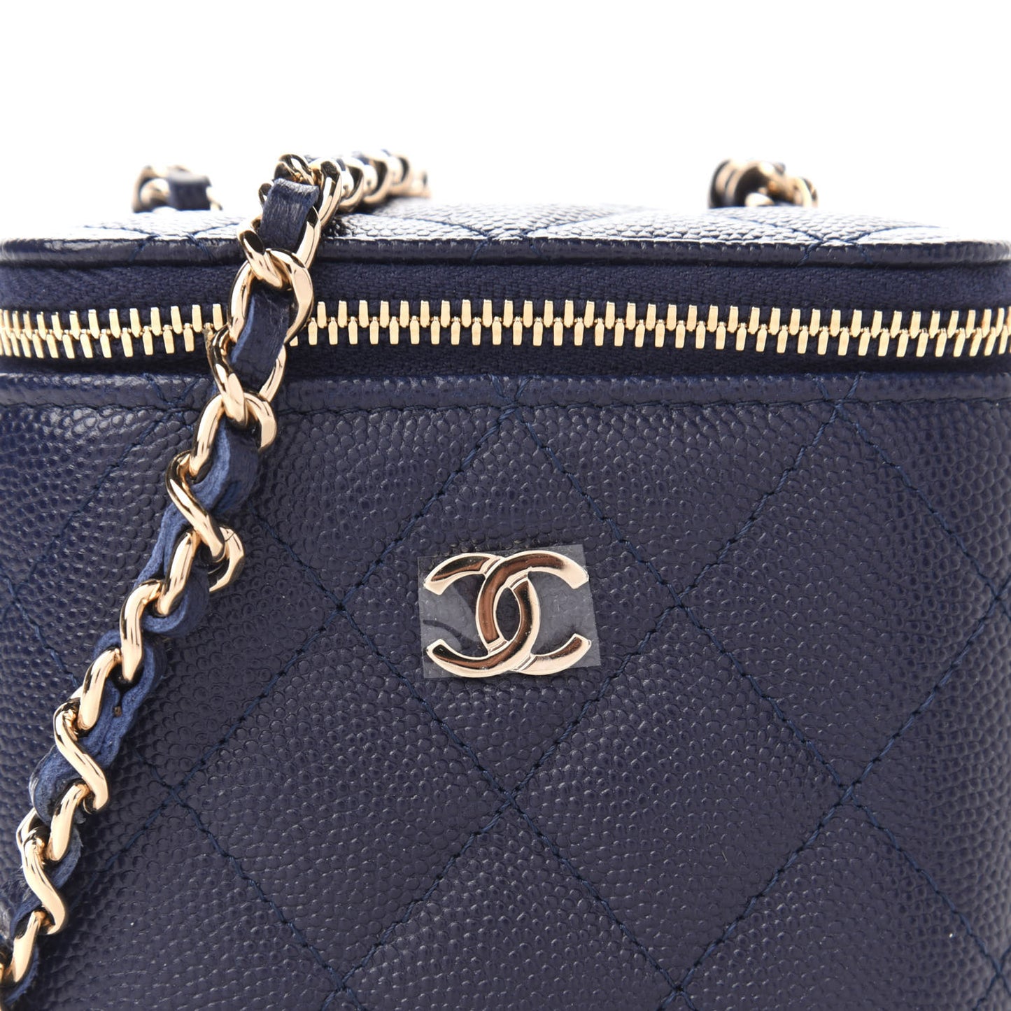 Caviar Quilted Mini Vanity Case With Chain Navy Blue