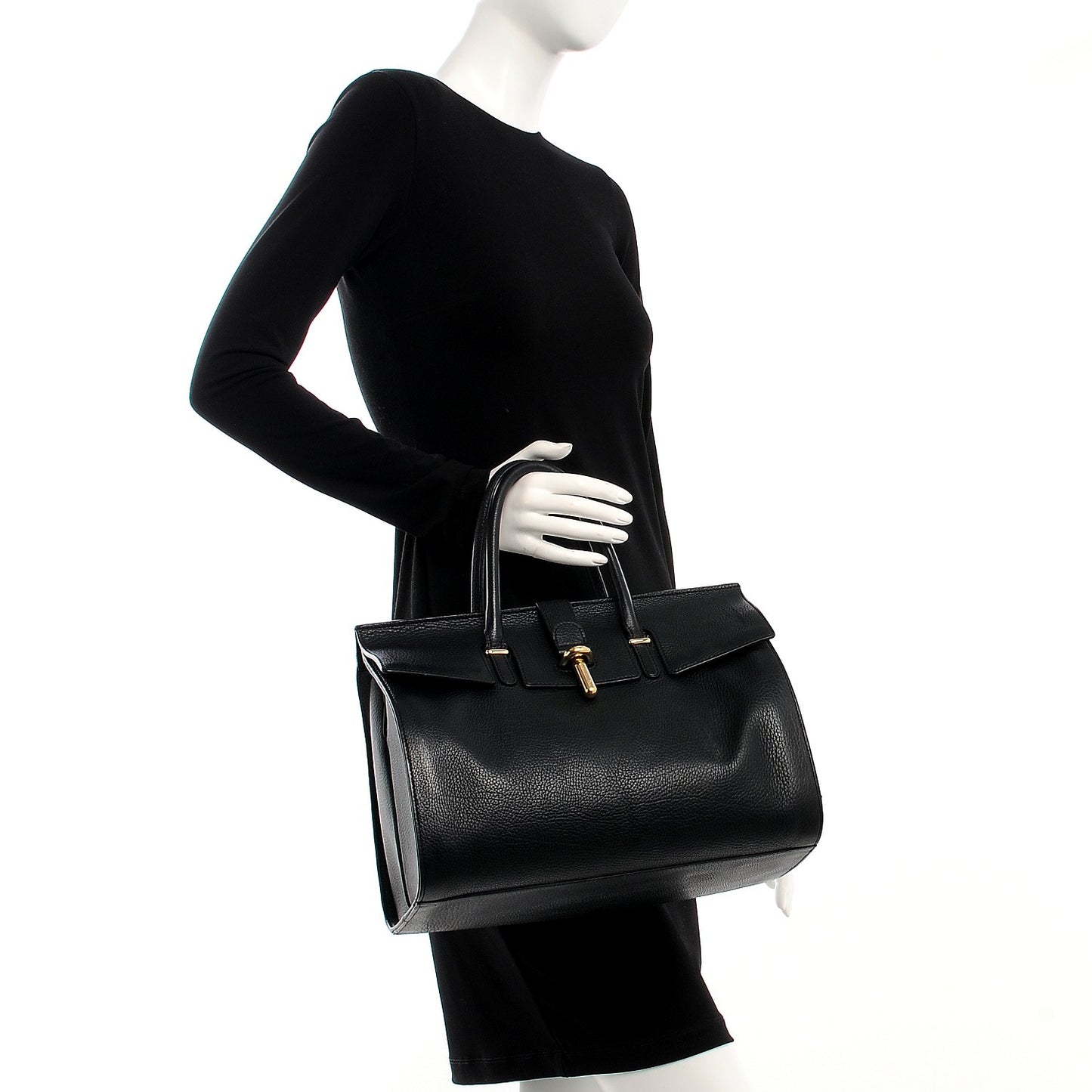 Grained Calfskin M Tube Round Tote Black