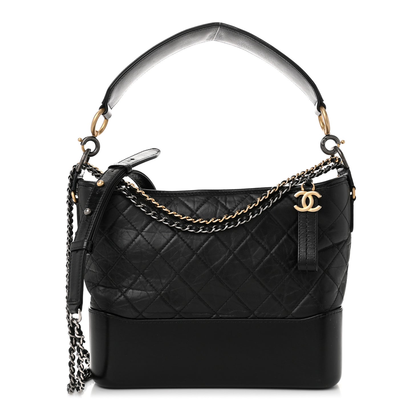 Aged Smooth Calfskin Quilted Medium Gabrielle Logo Hobo Black