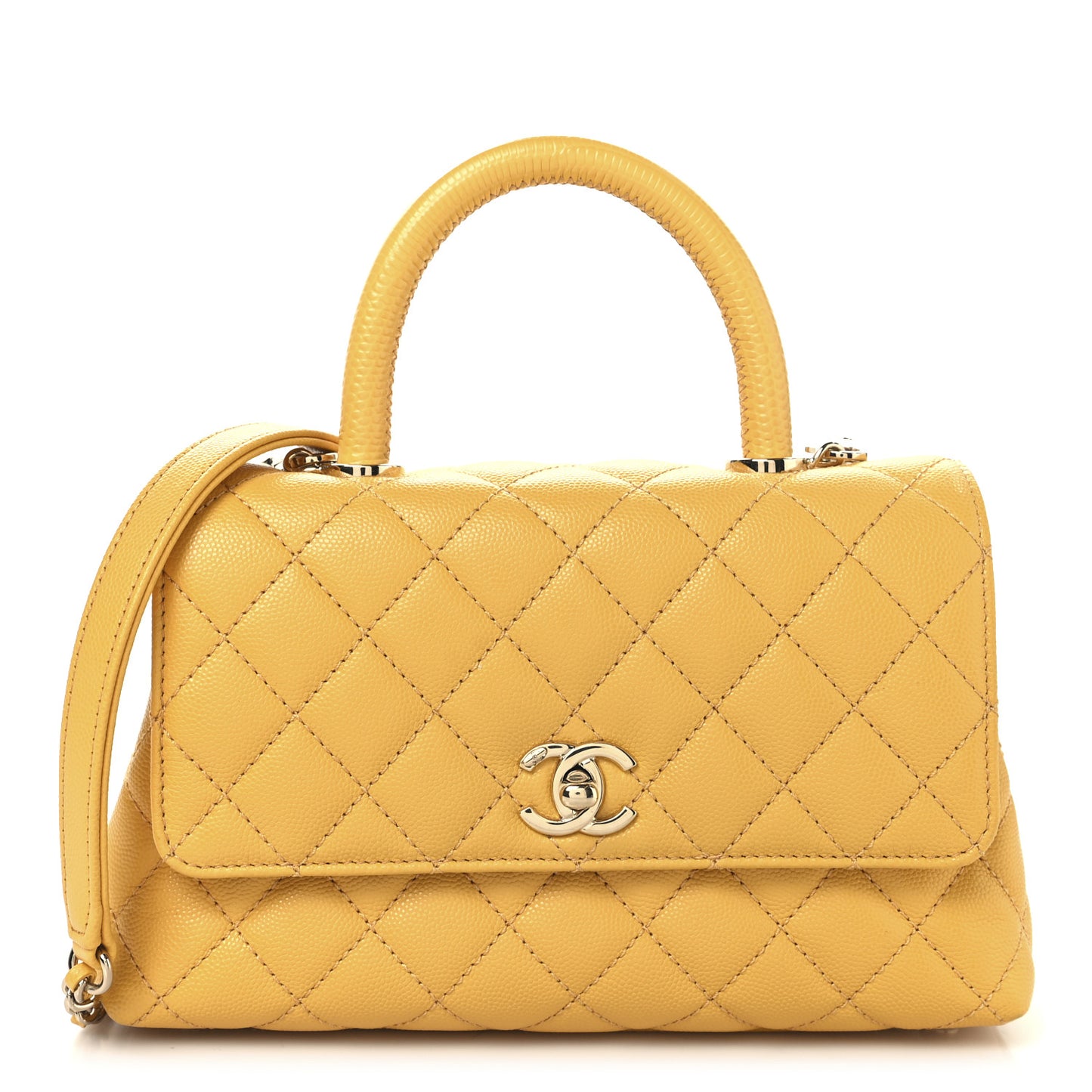 Caviar Lizard Embossed Quilted Mini Coco Handle Flap Yellow
