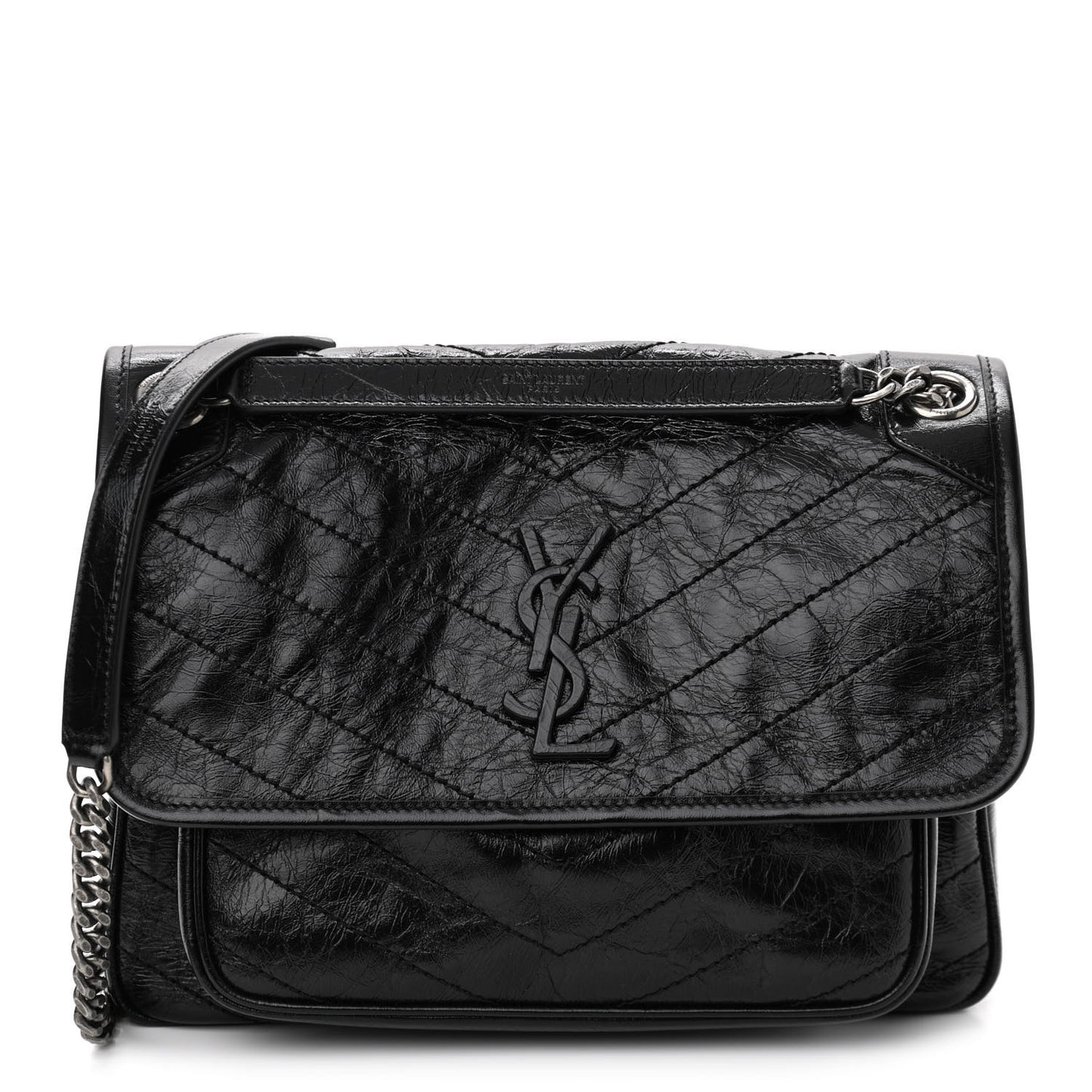 Crinkled Calfskin Matelasse Monogram Medium Niki Chain Satchel Black