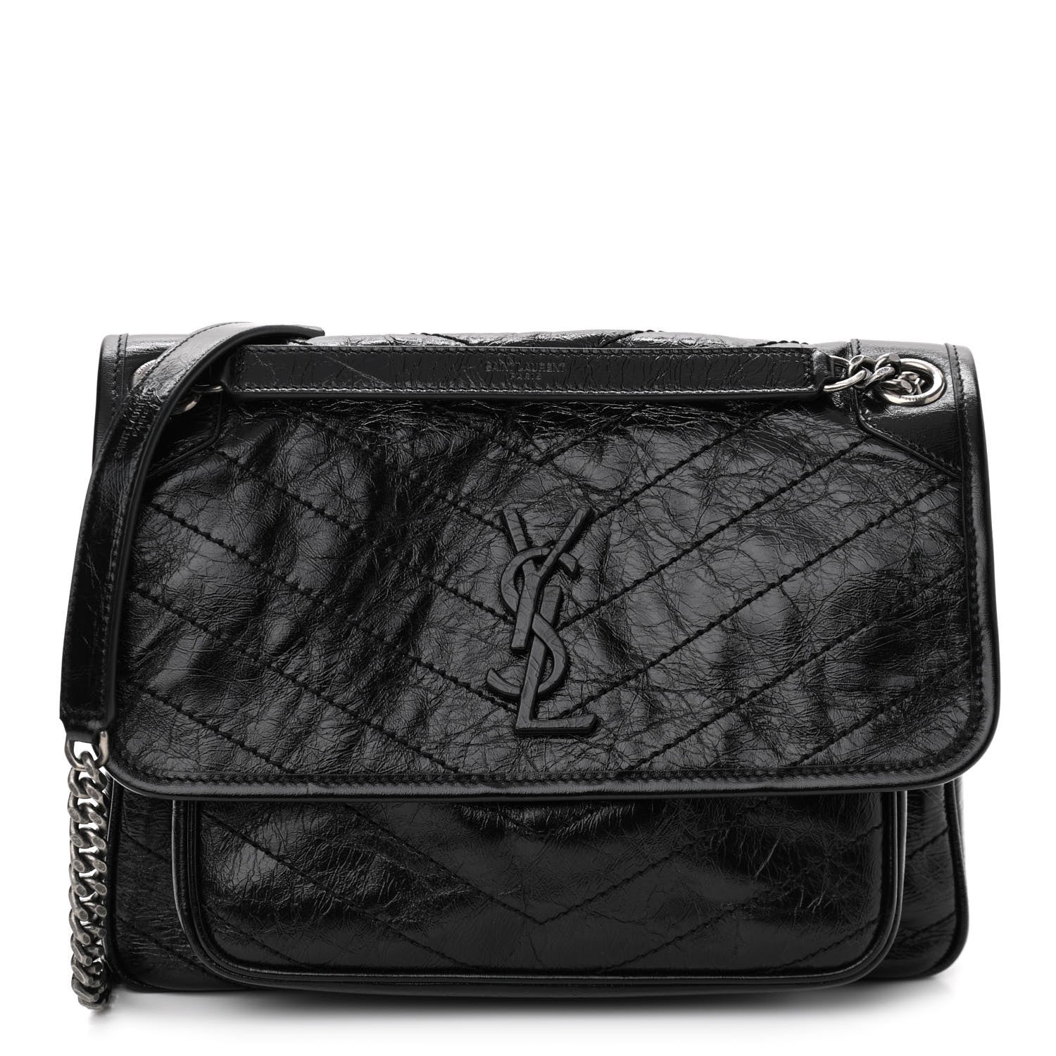 Saint Laurent Crinkled Calfskin Matelasse Monogram Medium Niki Chain Satchel Black 1 of 12