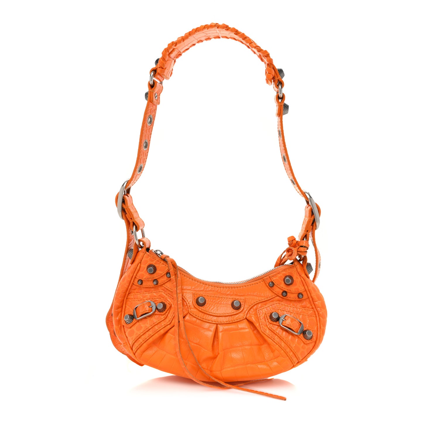 Extra Supple Calfskin Crocodile Embossed Le Cagole Shoulder Bag XS Pop Orange