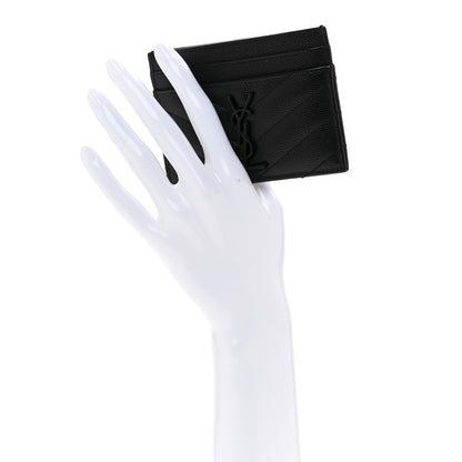 Saint Laurent Grain De Poudre Matelasse Chevron Monochrome Monogram Credit Card Case Black 2 of 10