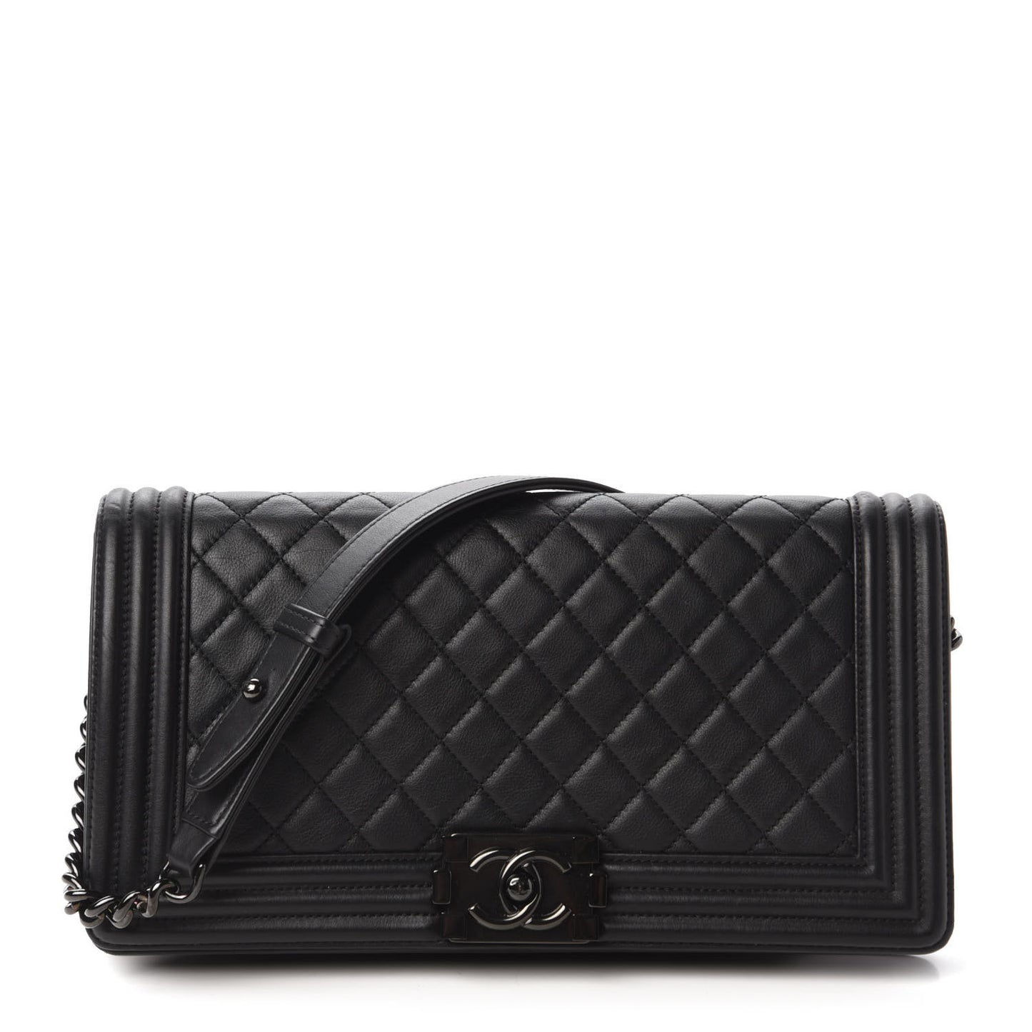Calfskin Quilted Boy Clutch With Removable Chain So Black