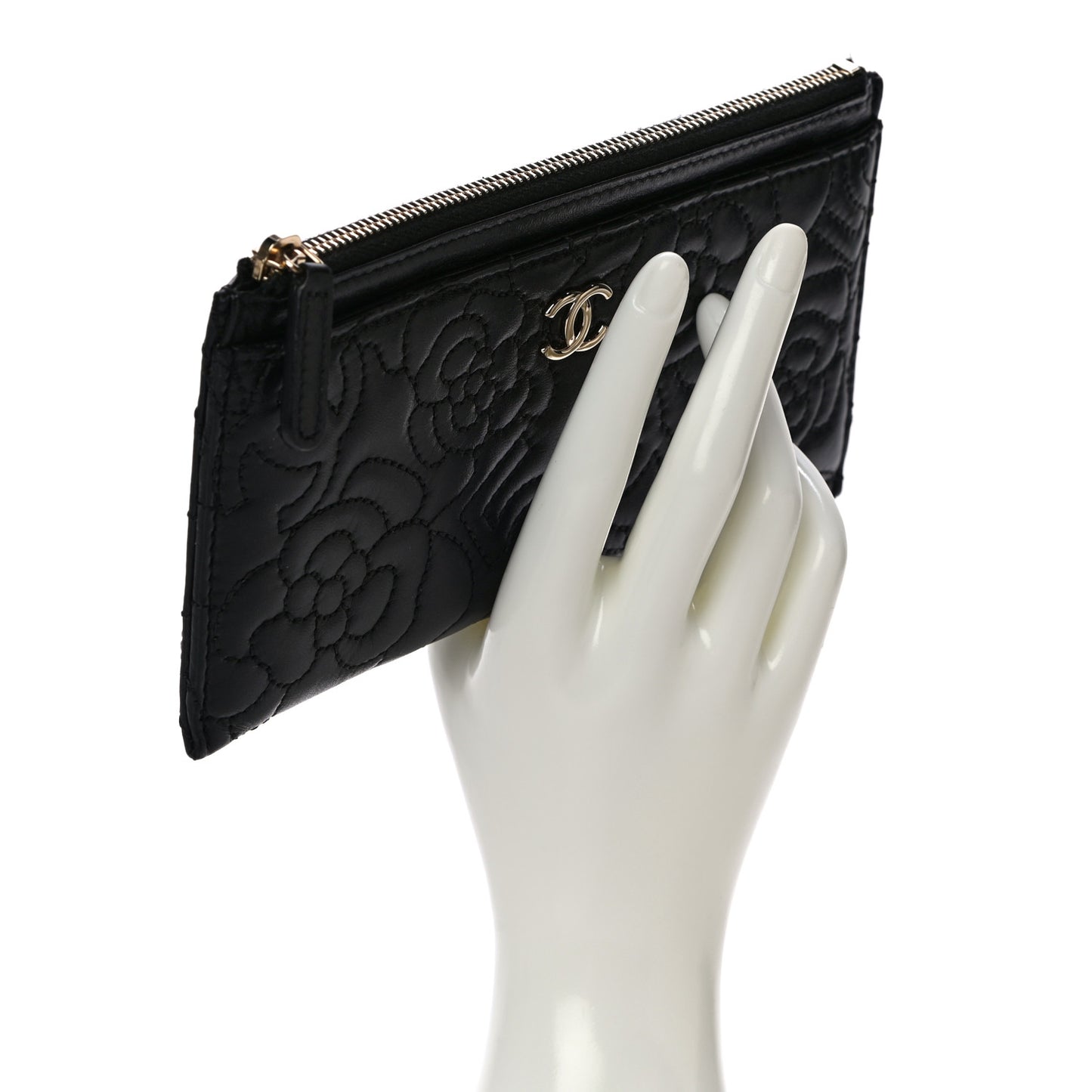 Lambskin Camellia Embossed Classic Zip Pouch Black