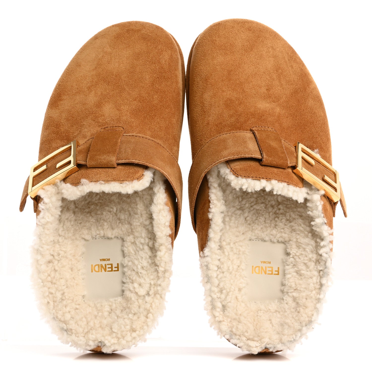 Fendi Suede Shearling Fendi Feel Buckled Clogs 38 Caramel Latte 2 of 8