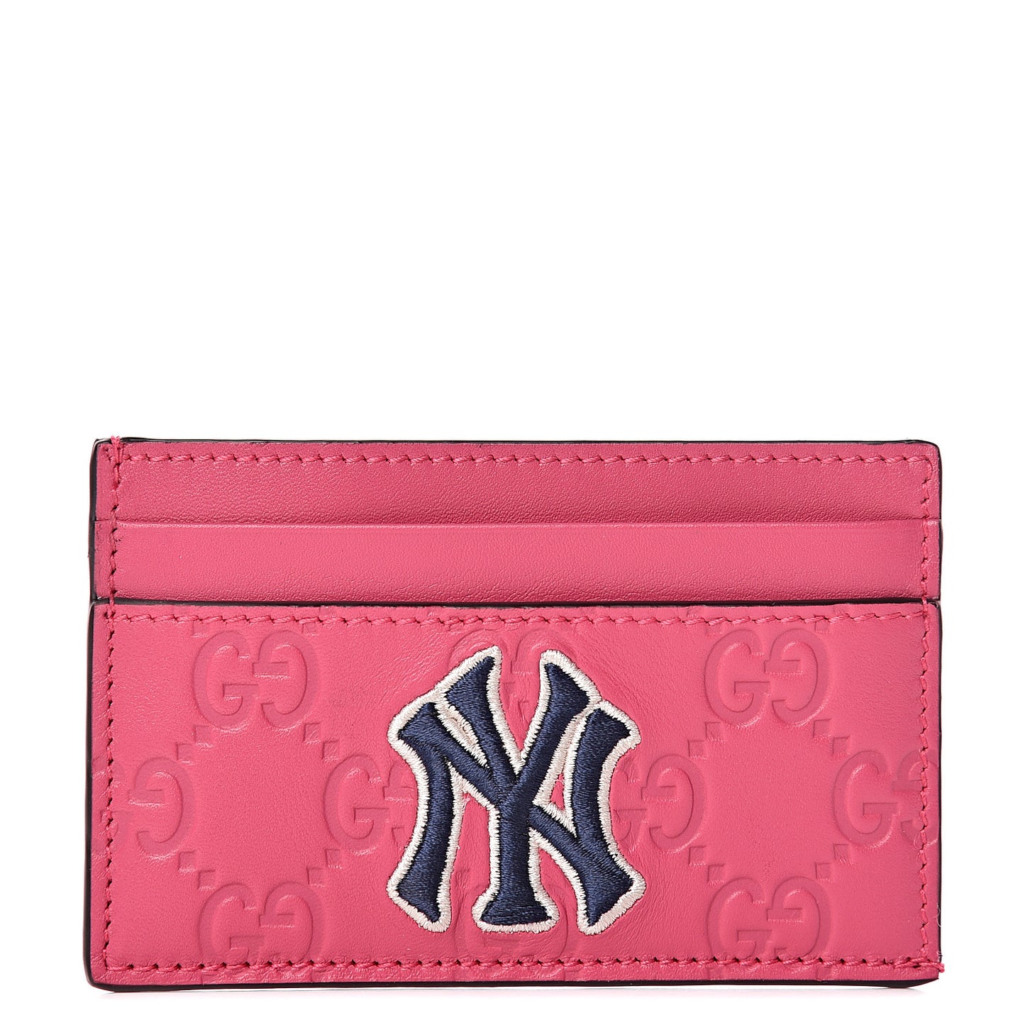 X MLB Guccissima Signature NY Yankees Embroidered Card Holder Box Pink Blue Ivory