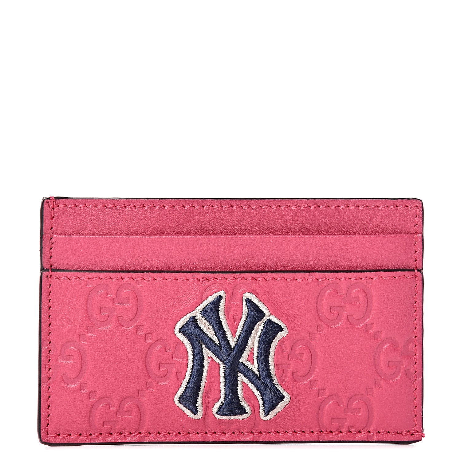 Gucci X MLB Guccissima Signature NY Yankees Embroidered Card Holder Box Pink Blue Ivory 1 of 8