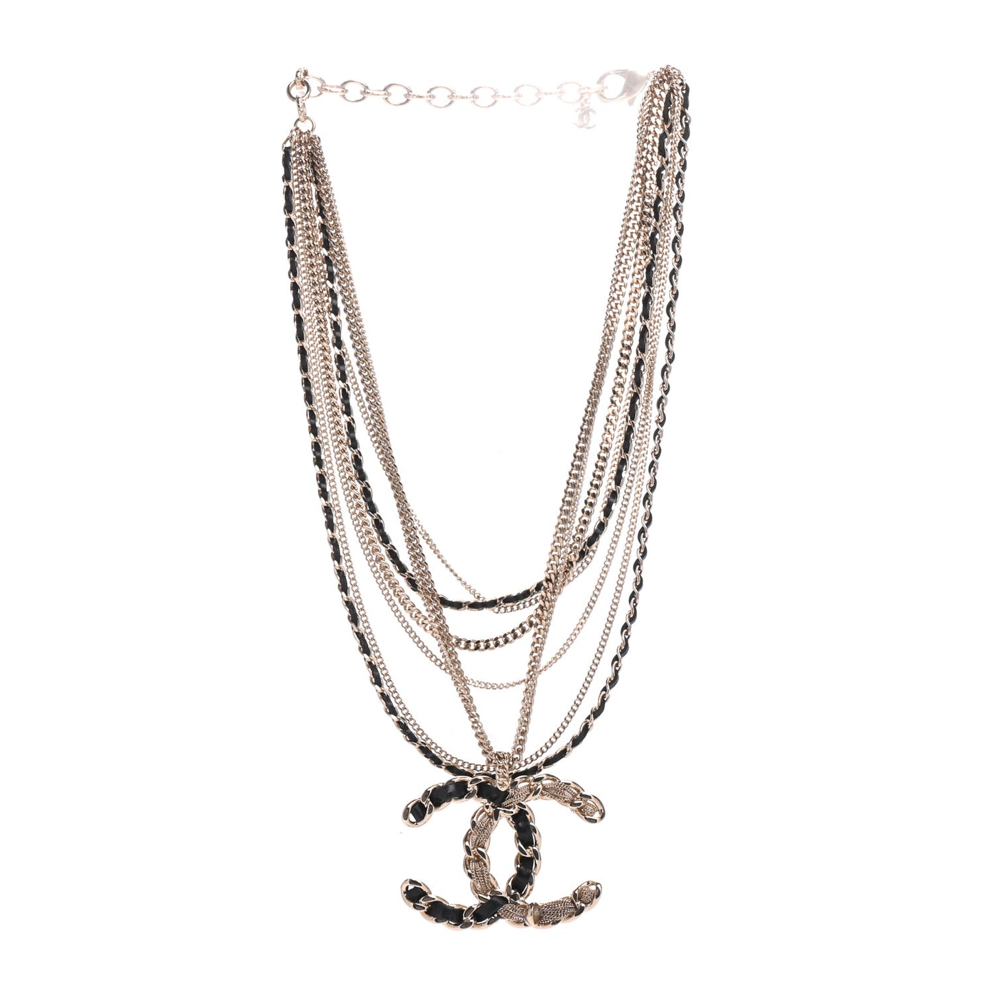 Pearl Lambskin Chain CC Multi Strand Necklace Gold Black