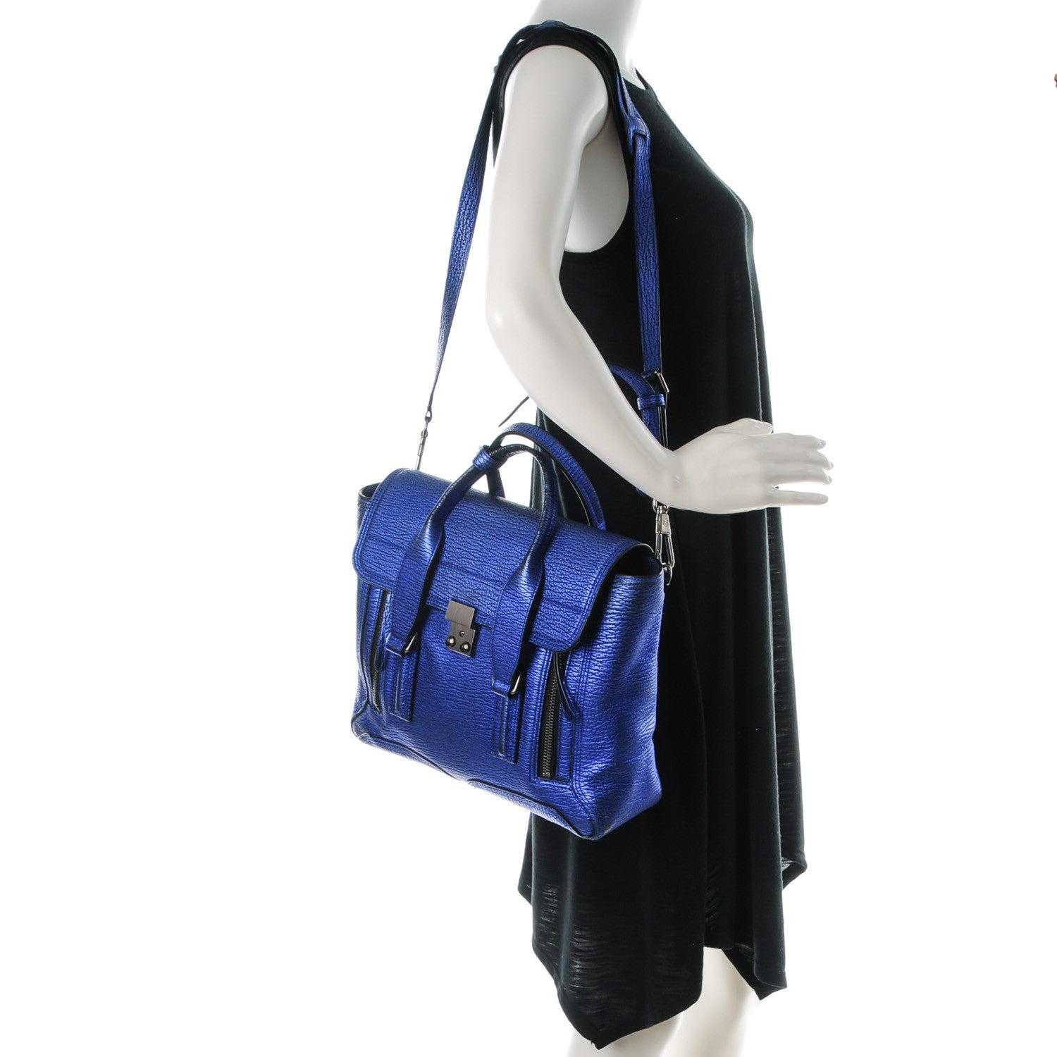 3.1 Phillip Lim 3.1 Metallic Textured Calfskin Medium Pashli Satchel Electric Blue 2 of 8