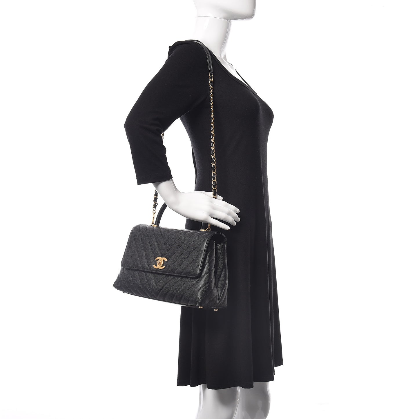 Caviar Chevron Quilted Small Coco Handle Flap Black