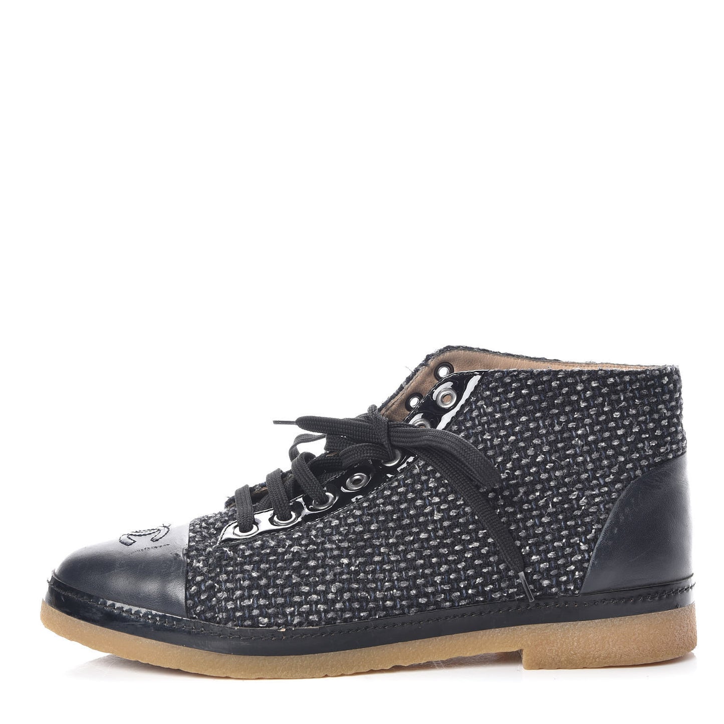 Tweed Calfskin Patent CC Lace Up Short Boots 41 Black Grey Dark Navy