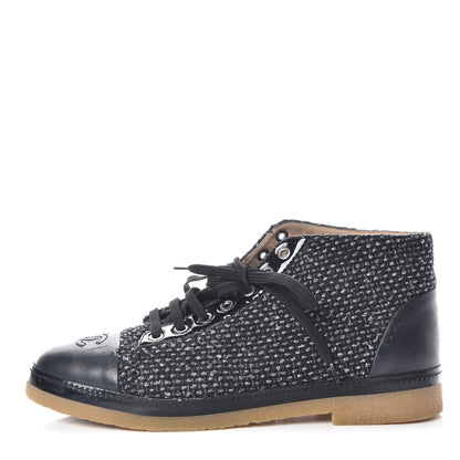 Chanel Tweed Calfskin Patent CC Lace Up Short Boots 41 Black Grey Dark Navy 1 of 17