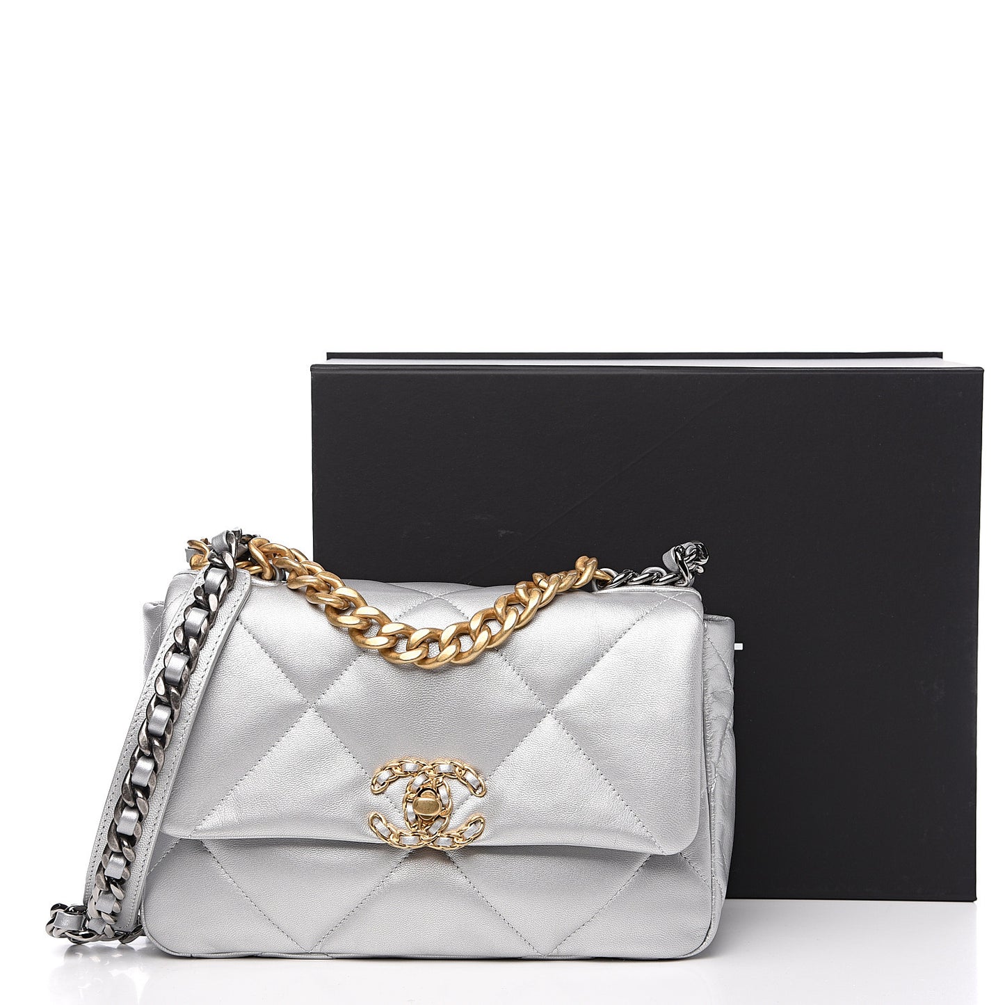 Metallic Goatskin Quilted Medium 19 Flap Silver