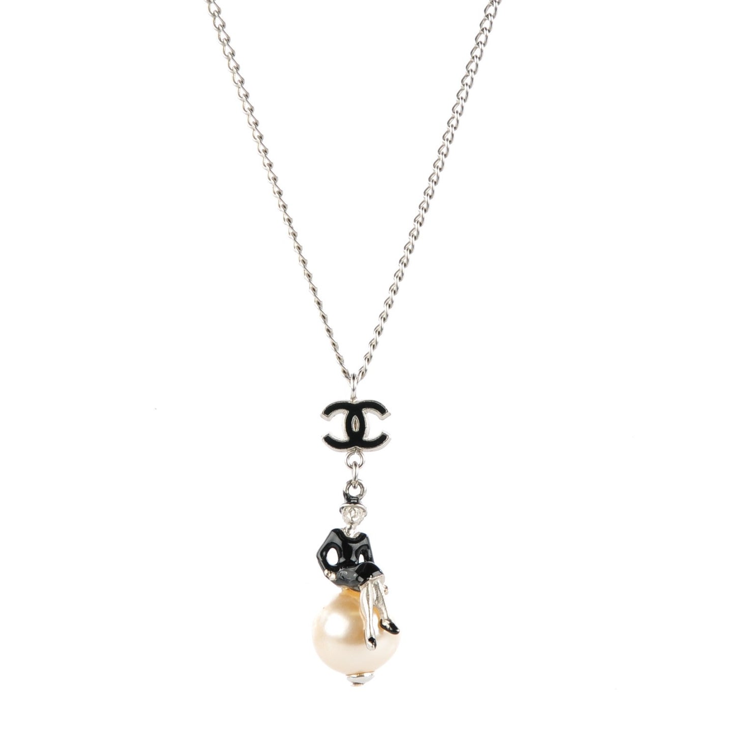 Enamel Pearl Coco Over The Moon Pendant Necklace Black Silver