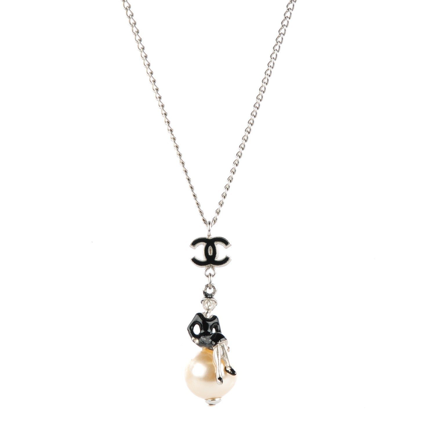 Chanel Enamel Pearl Coco Over The Moon Pendant Necklace Black Silver 1 of 4