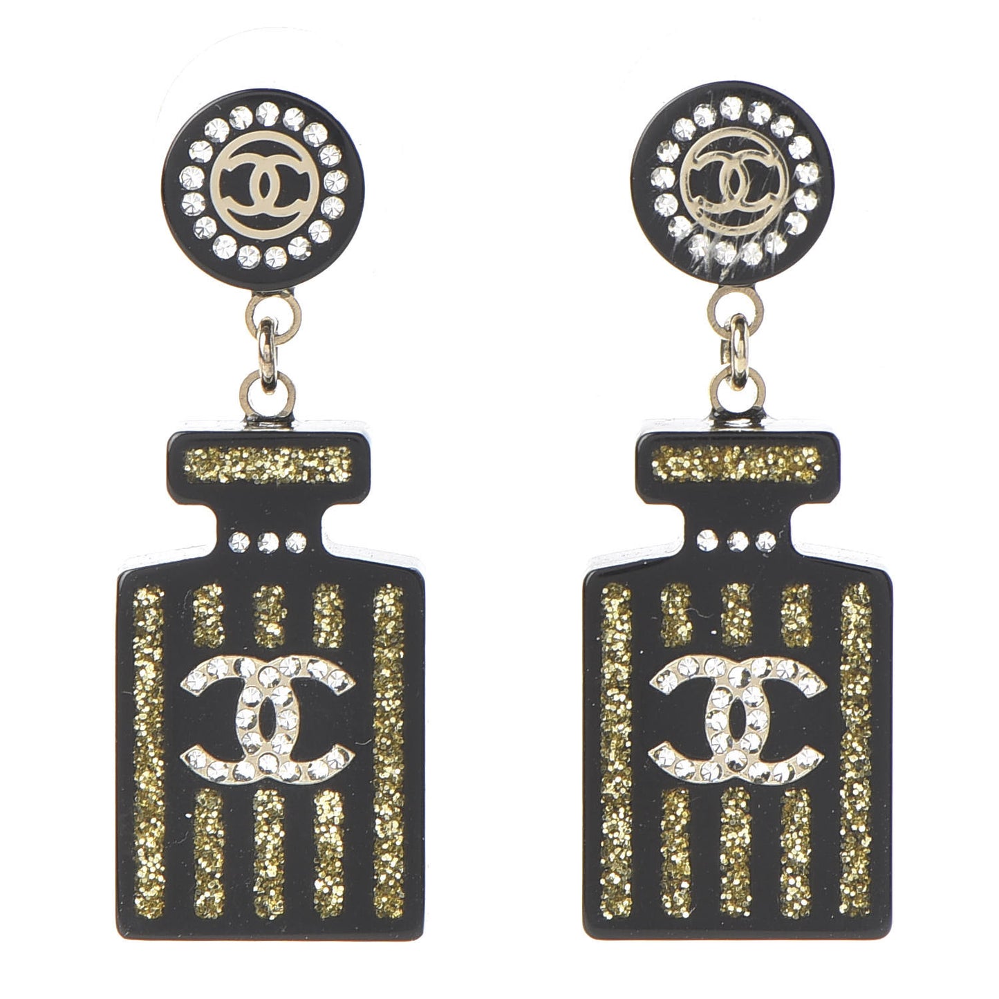Resin Strass Perfume Bottle CC Earrings Black Gold