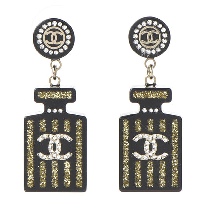 Chanel Resin Strass Perfume Bottle CC Earrings Black Gold 1 of 4