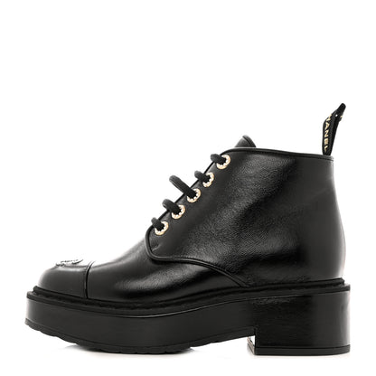 Chanel Shiny Calfskin Pearl Lace Up Combat Short Boots 36.5 Black 1 of 10
