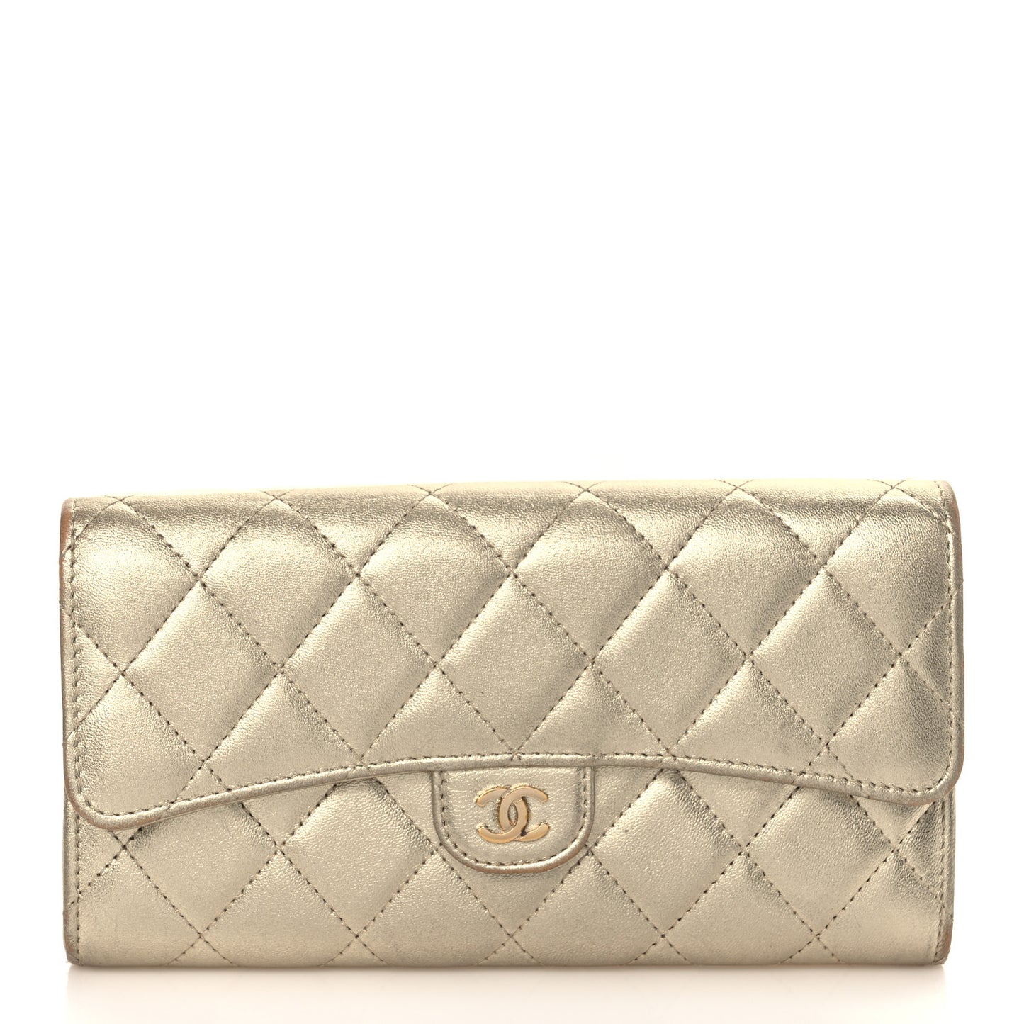 Metallic Lambskin Quilted Large Gusset Flap Wallet Gold