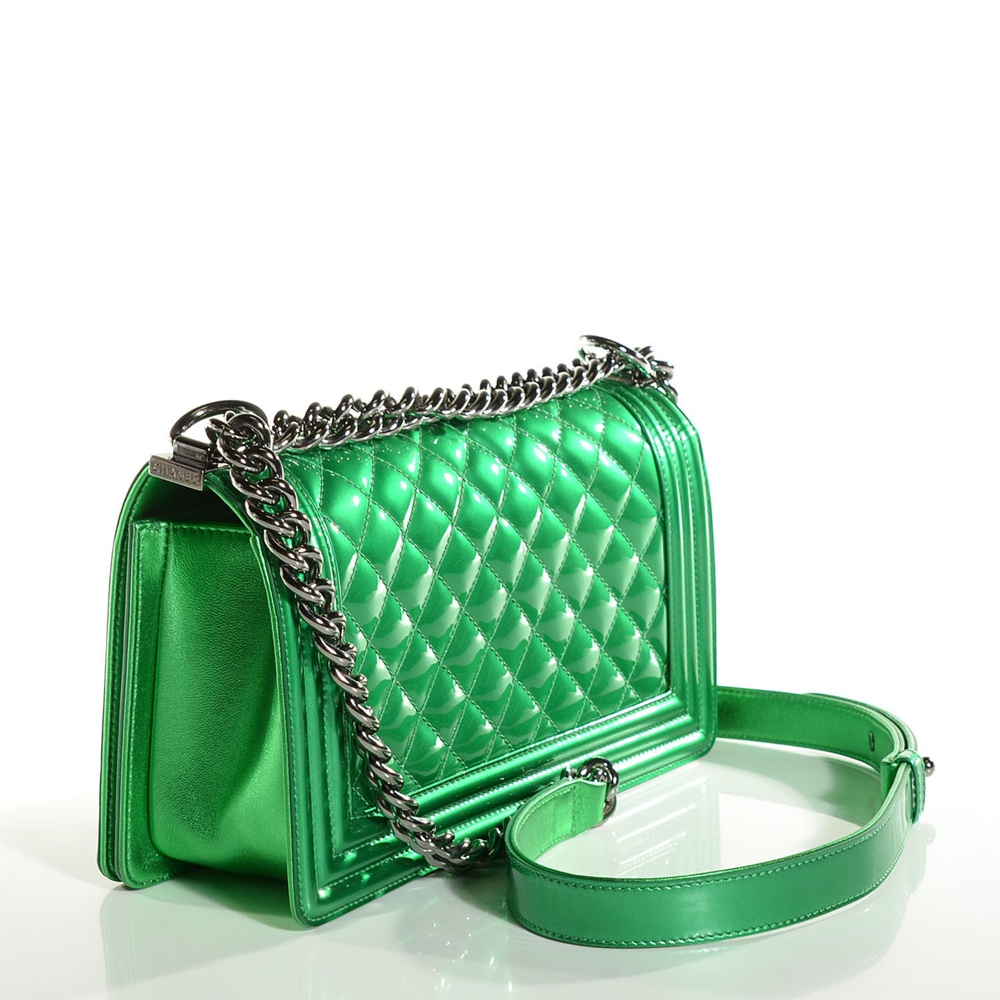 Metallic Patent Calfskin Medium Boy Flap Green