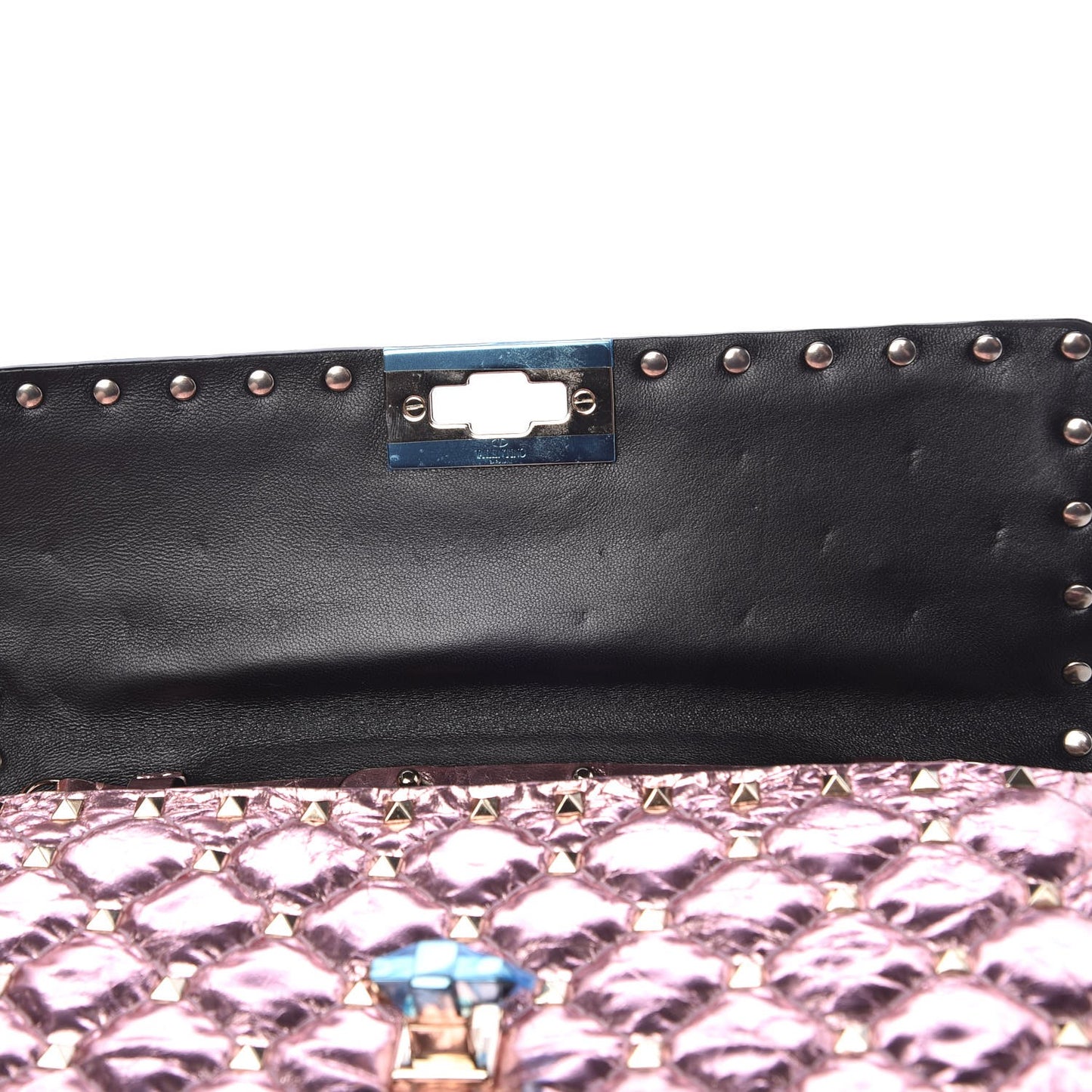 Metallic Wrinkled Lambskin Rockstud Spike Wallet on Chain Lipstick