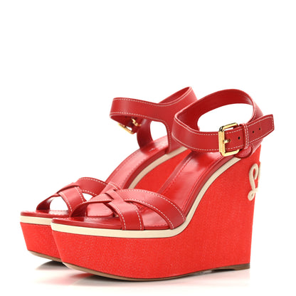 Louis Vuitton Canvas Waterfall Wedge Sandals 38.5 Red 3 of 9